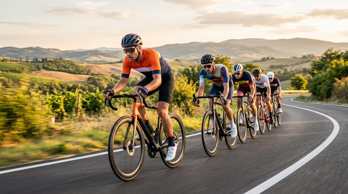 Group of road cyclists riding in a paceline on a scenic road